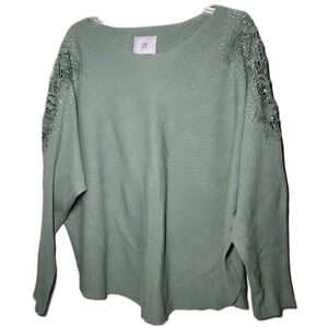 LIV Milano Sweater Blouse Womens Size 2X Green Rhinestone Embellished Pullover